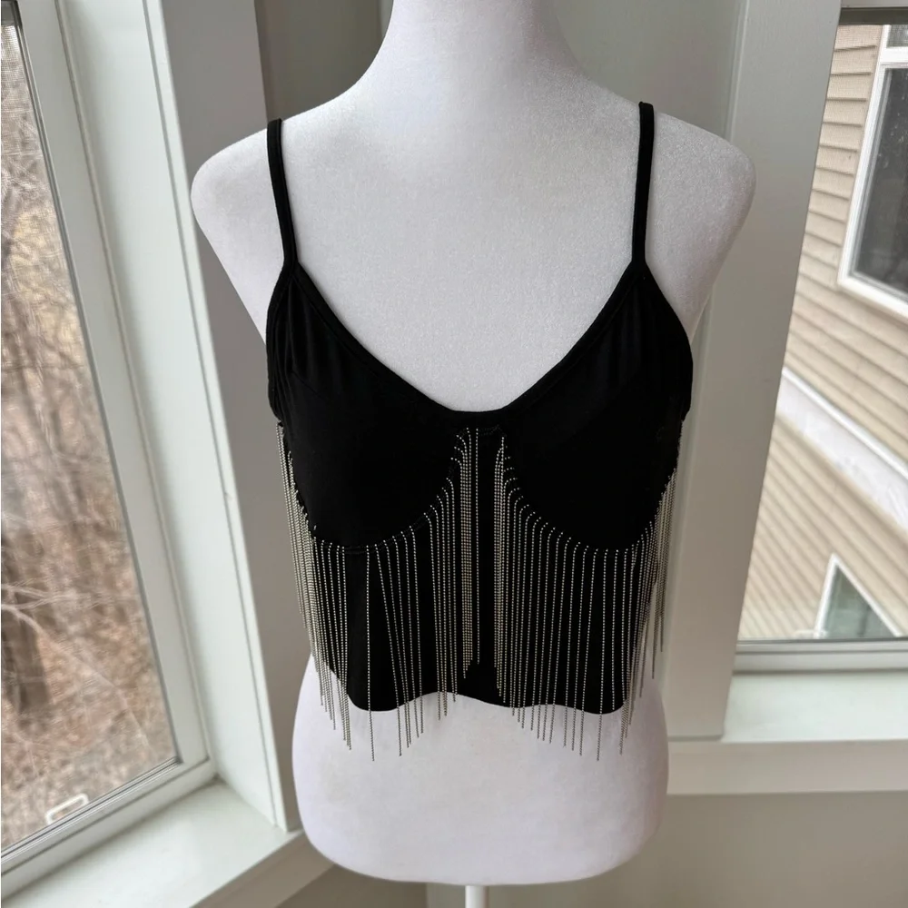 SHEIN Black Silver Bead Chain Corset Going Out Top Adjustable Spaghetti Straps L
